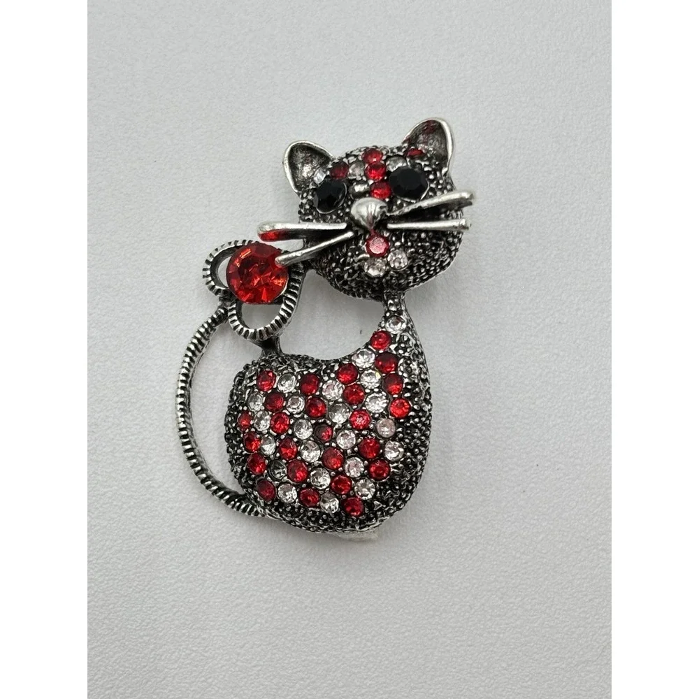 Rhinestone Cat Brooch Red Crystal‎ Silver Tone Kitty Pin Heart Tail Mothers Day
